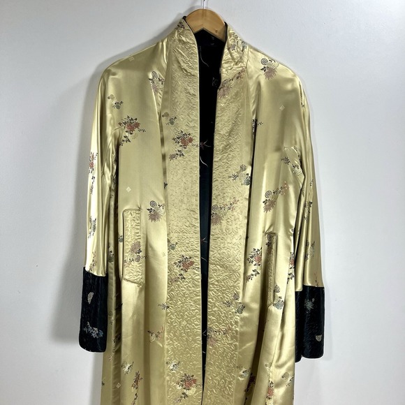 Vintage Asian Silk Satin Robe Jacket Gold Black Embroidered Floral Kimono Coat - Picture 1 of 14